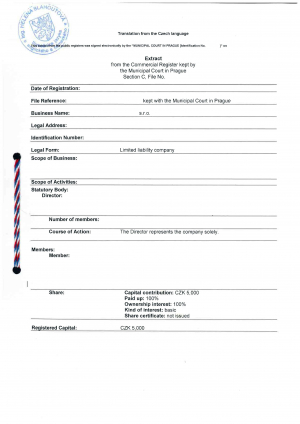 Свидетельство о регистрации компании в Чехии