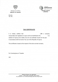 Образец Свидетельства налоговой резидентности компании - Кипр