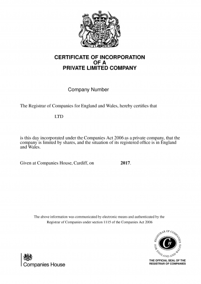 Certificate of Incorporation - UK