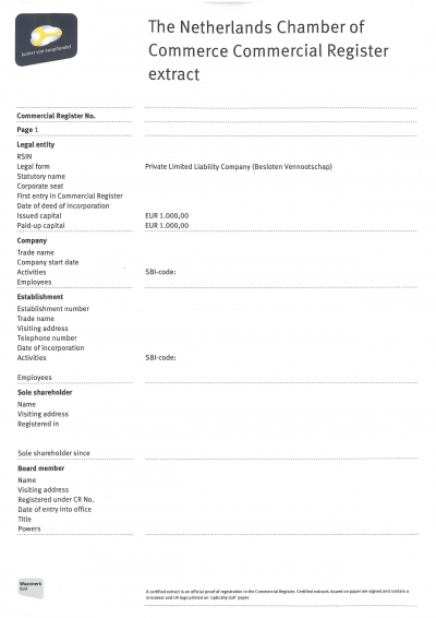 Образец выписки из Реестра компаний (Нидерланды)