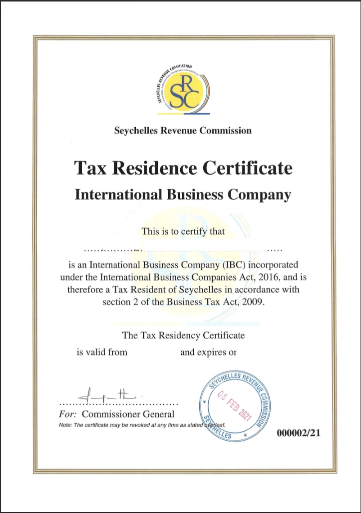 Сертификат налогового резиденства иностранных компаний Tax Residence Certificate Andersen 3786